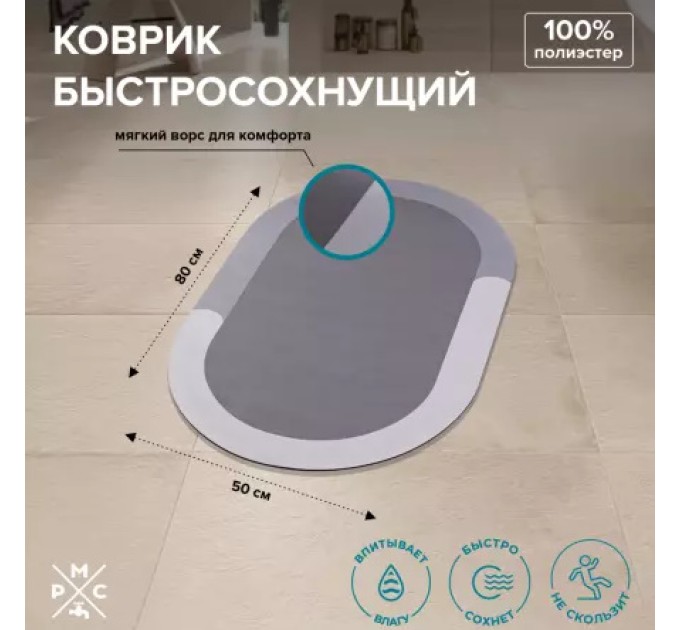 Коврик для ванной Быстросохнущий Серый РМС К-03С-50х80