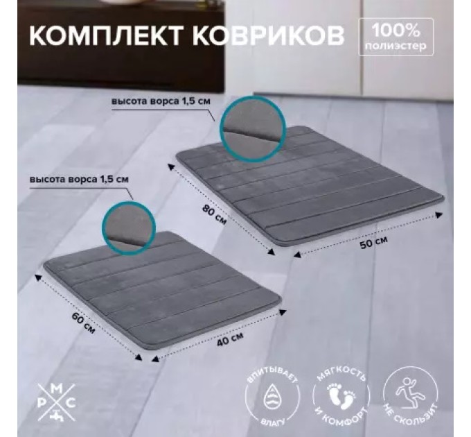 Коврик для ванной Комплект Серый РМС КК-01ТС-40х60/50х80